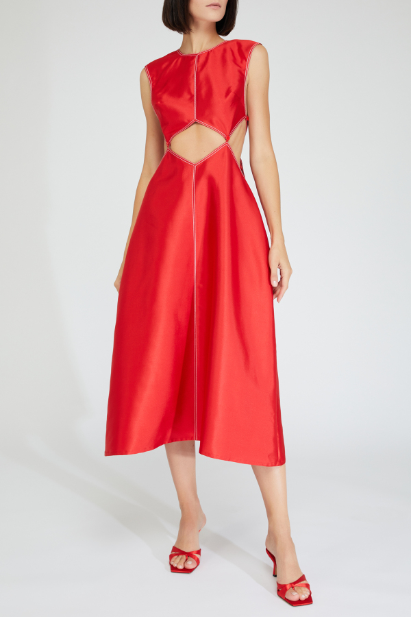 Red dress with geometric cutouts