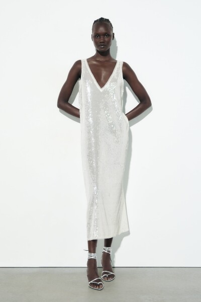 Image 2 of ZARA White sequinned midi dress