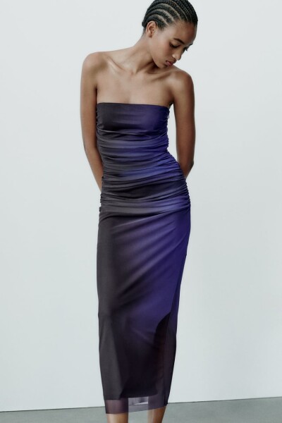Image 2 of ZARA Blue printed strapless tulle dress
