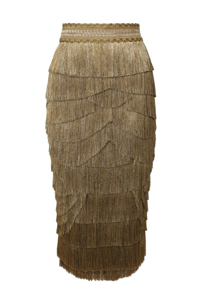 Image of Dolce & Gabbana Gold silk skirt with fringe