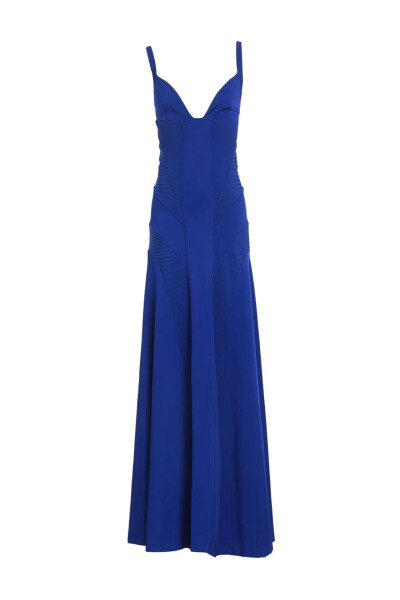 Image of Ralph Lauren Blue Ribbed Panel Evening Dress Gown