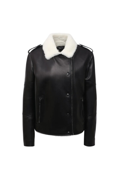 Image of Tom Ford Black leather jacket with trimmed sheepskin