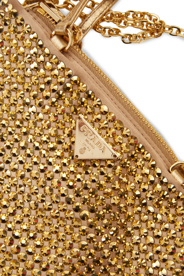 Prada Gold Vela mini leather-trimmed crystal-embellished nylon tote Gold