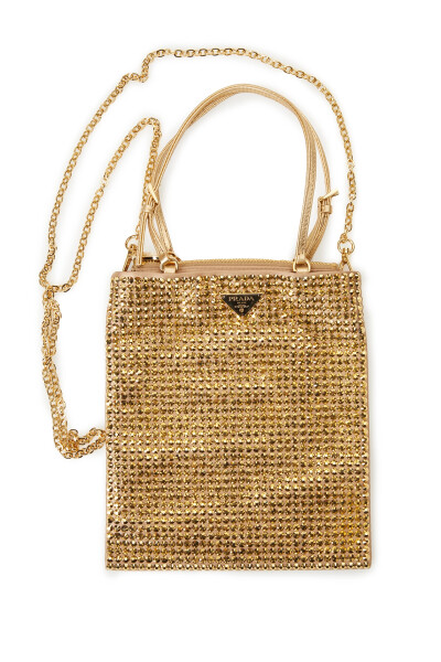 Image of Prada Gold Vela mini leather-trimmed crystal-embellished nylon tote