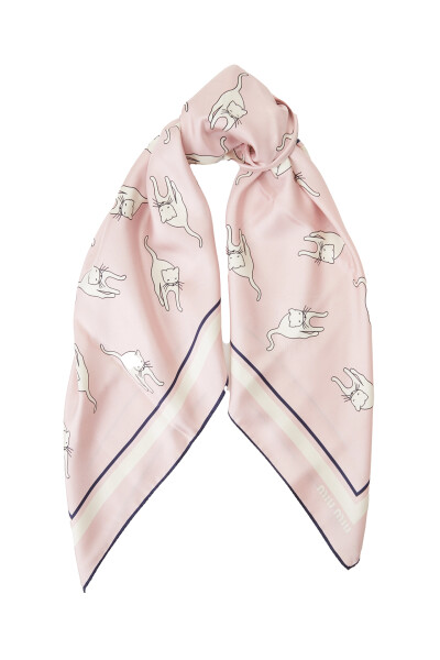 Image of Miu Miu Pink silk scarf with cat print