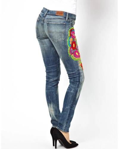 Image 5 of Ralph Lauren Blue Floral Embroidered Boho Skinny Jeans