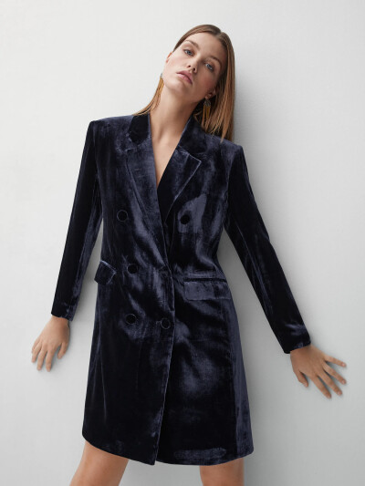 Image 4 of Massimo Dutti Navy velvet blazer-style dress