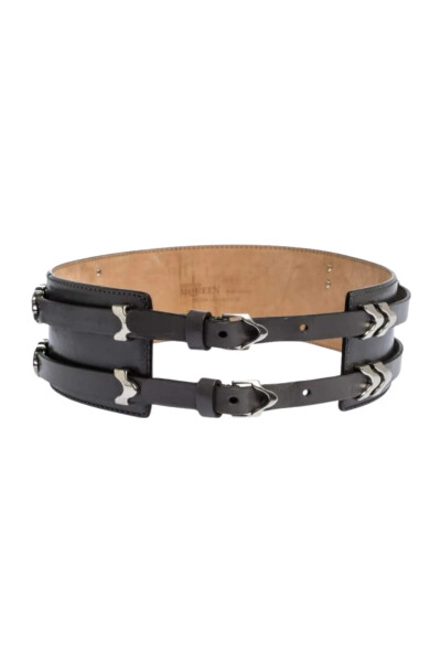 Image of Alexander McQueen Grey Metal Detail Leather Waist Belt