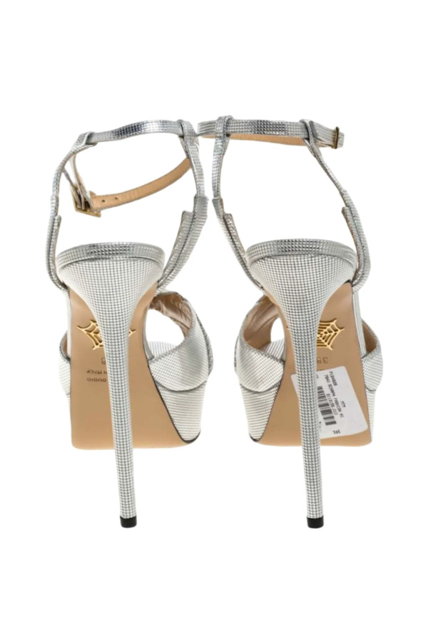 Charlotte Olympia Silver Textured Leather Sky Scraper Crystal Sandals Silver