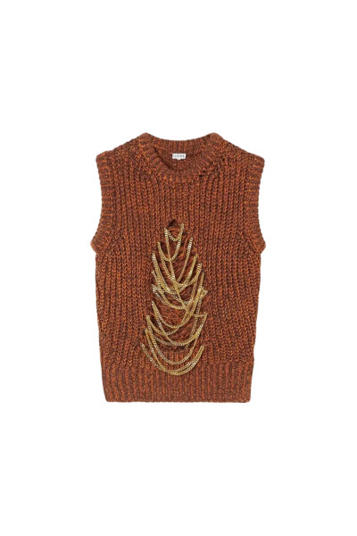 Image of Loewe Brown Embellished Distressed Melange Linen-Blend Sweater