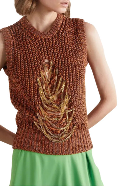 Image 3 of Loewe Brown Embellished Distressed Melange Linen-Blend Sweater