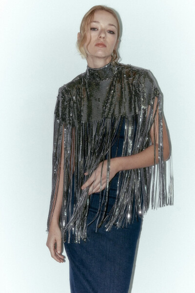 Image 2 of ZARA Silver Fringed Sequin Cape