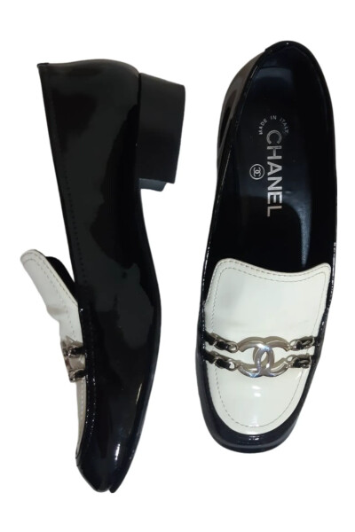 Image 5 of Chanel Chanel Black and White Patent Leather CC Chain Loafers