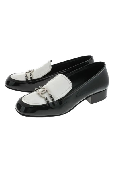 Image of Chanel Chanel Black and White Patent Leather CC Chain Loafers