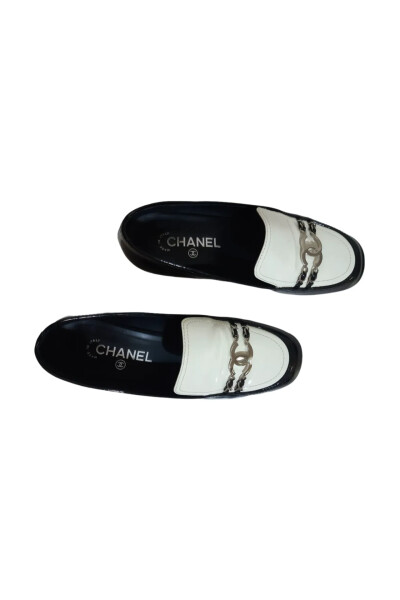 Image 4 of Chanel Chanel Black and White Patent Leather CC Chain Loafers