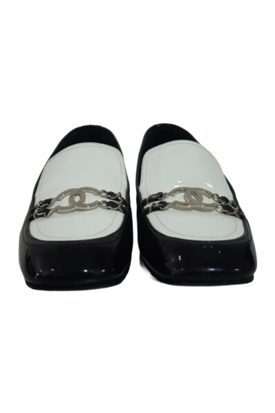 Image 3 of Chanel Chanel Black and White Patent Leather CC Chain Loafers