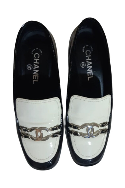 Image 2 of Chanel Chanel Black and White Patent Leather CC Chain Loafers