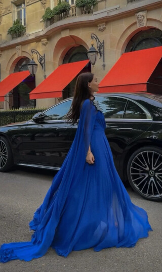 Diroy Electric Blue Haute Couture Dress With Detachable Train Blue