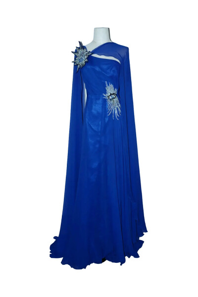 Image of Diroy Electric Blue Haute Couture Dress With Detachable Train