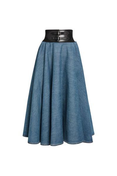 Image of ALAIA Blue Belted Denim Midi Skirt