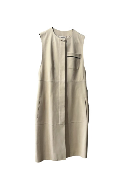 Image of Hermes Milk Leather Sleeveless Button-down Midi Dress