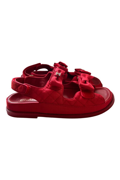 Image of Chanel Red Footbed Sandals Elegant Style Logo