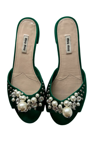 Miu Miu Green Satin Pearl Embellished Flats Green