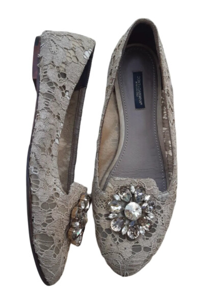Image 3 of Dolce & Gabbana Grey Lace and Mesh Bellucci Crystal Embellished Ballet Flats