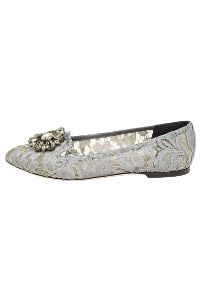 Image of Dolce & Gabbana Grey Lace and Mesh Bellucci Crystal Embellished Ballet Flats
