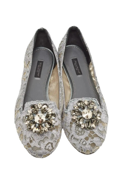 Image 2 of Dolce & Gabbana Grey Lace and Mesh Bellucci Crystal Embellished Ballet Flats