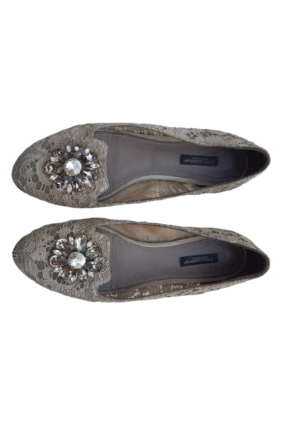 Image 4 of Dolce & Gabbana Grey Lace and Mesh Bellucci Crystal Embellished Ballet Flats