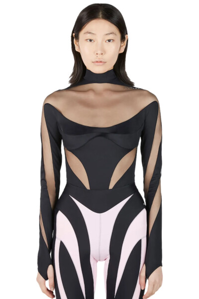 Image 6 of MUGLER Black Structured Cut Out Illusion Bodysuit