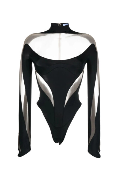 Image of MUGLER Black Structured Cut Out Illusion Bodysuit