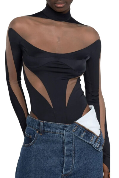 Image 3 of MUGLER Black Structured Cut Out Illusion Bodysuit