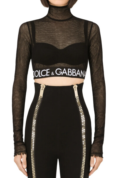 Image 2 of Dolce & Gabbana Black Logo-underband Tulle Crop Top