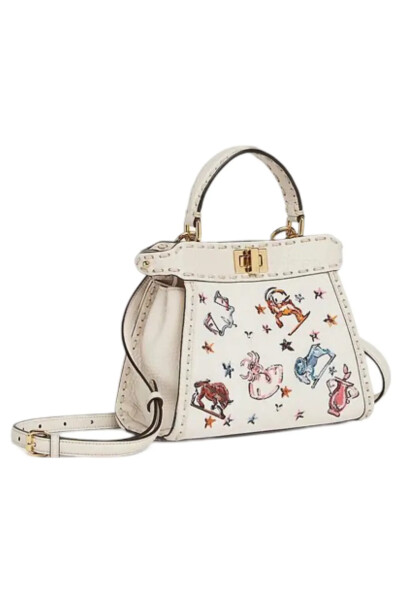 Image 3 of Fendi Cream Leather Astrology Embroidered Canvas Mini Peekaboo Top Handle