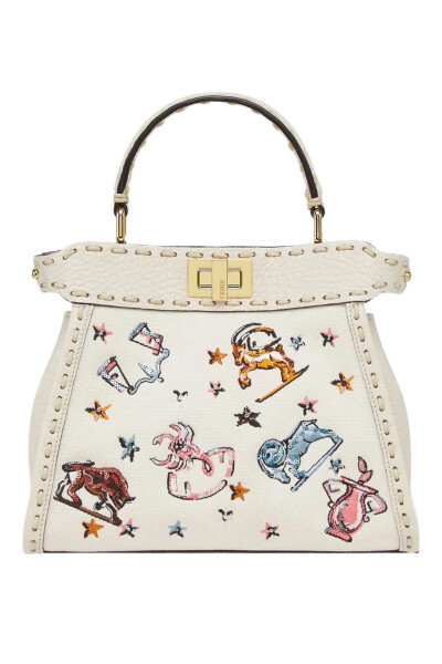 Image of Fendi Cream Leather Astrology Embroidered Canvas Mini Peekaboo Top Handle