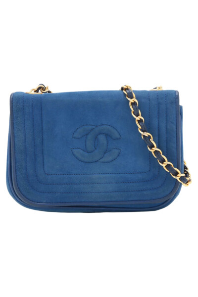 Image of Chanel Vintage Suede Single Flap Single Chain Bag Blue Gold Metal Fittings