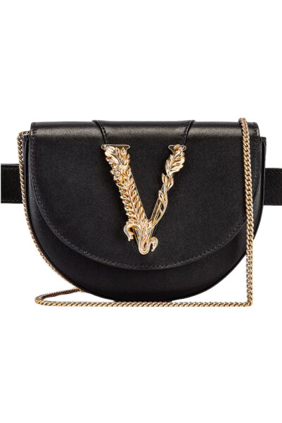 Image of Versace Black Virtus Convertible Leather Logo Belt Bag