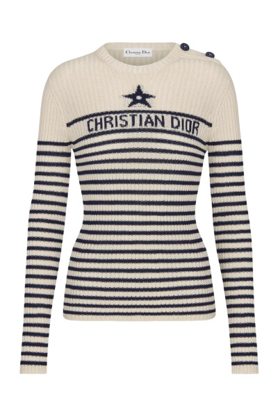 Image of Dior Ecru and Navy Blue Knitted Cotton Sweater