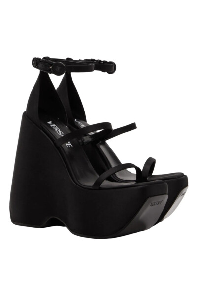 Image 4 of Versace Black ‘Triplatform’ wedge sandals