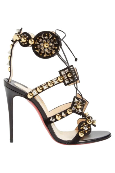 Image of Christian Louboutin Black Shiny Nappa Studded Kaleikita 100 Sandals