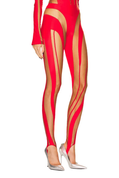 Image 3 of MUGLER Red and Nude Sheer Spiral Leggins