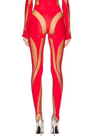 MUGLER Red and Nude Sheer Spiral Leggins Red