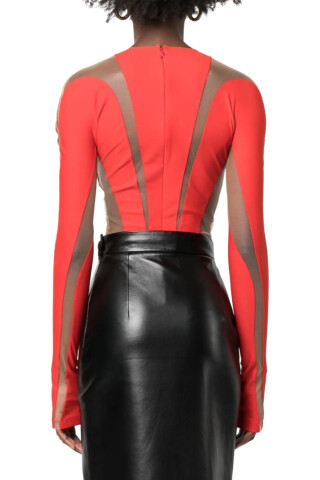 MUGLER Red and Nude panelled long-sleeve sheer bodysuit Red