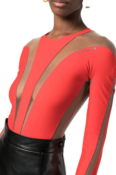 Image 3 of MUGLER Red and Nude panelled long-sleeve sheer bodysuit