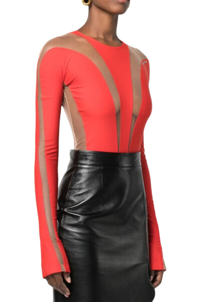 Image 4 of MUGLER Red and Nude panelled long-sleeve sheer bodysuit