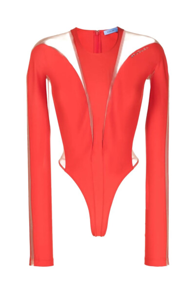 Image of MUGLER Red and Nude panelled long-sleeve sheer bodysuit