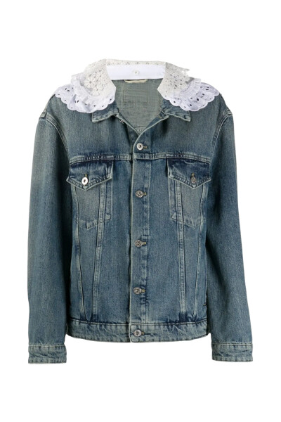 Image of Miu Miu Blue Lace-Trim Denim Jacket