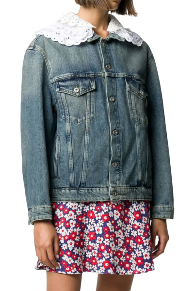 Image 3 of Miu Miu Blue Lace-Trim Denim Jacket